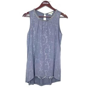 New York and Company Womens Rhinestone Neckline Lace Print Blouse Size XS Gray